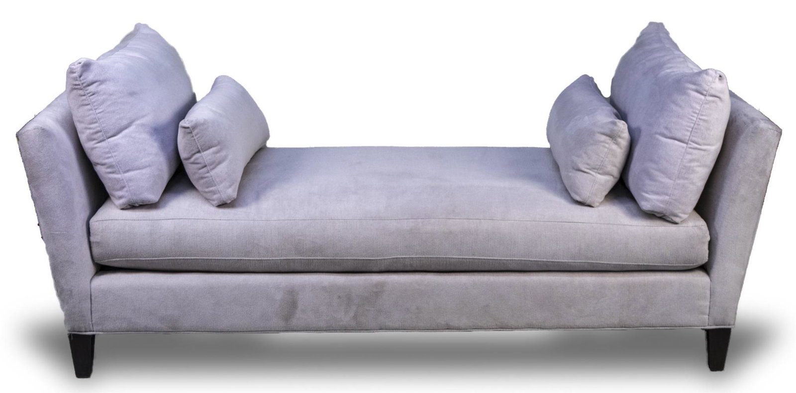 Crate & Barrel Upholstered Day Bed: White velour upholstered day bed with rectangular ends. Height 30 inches, width 86 inches, depth 38 inches. Notice to bidders: Condition reports and additional photographs are provided by request as a