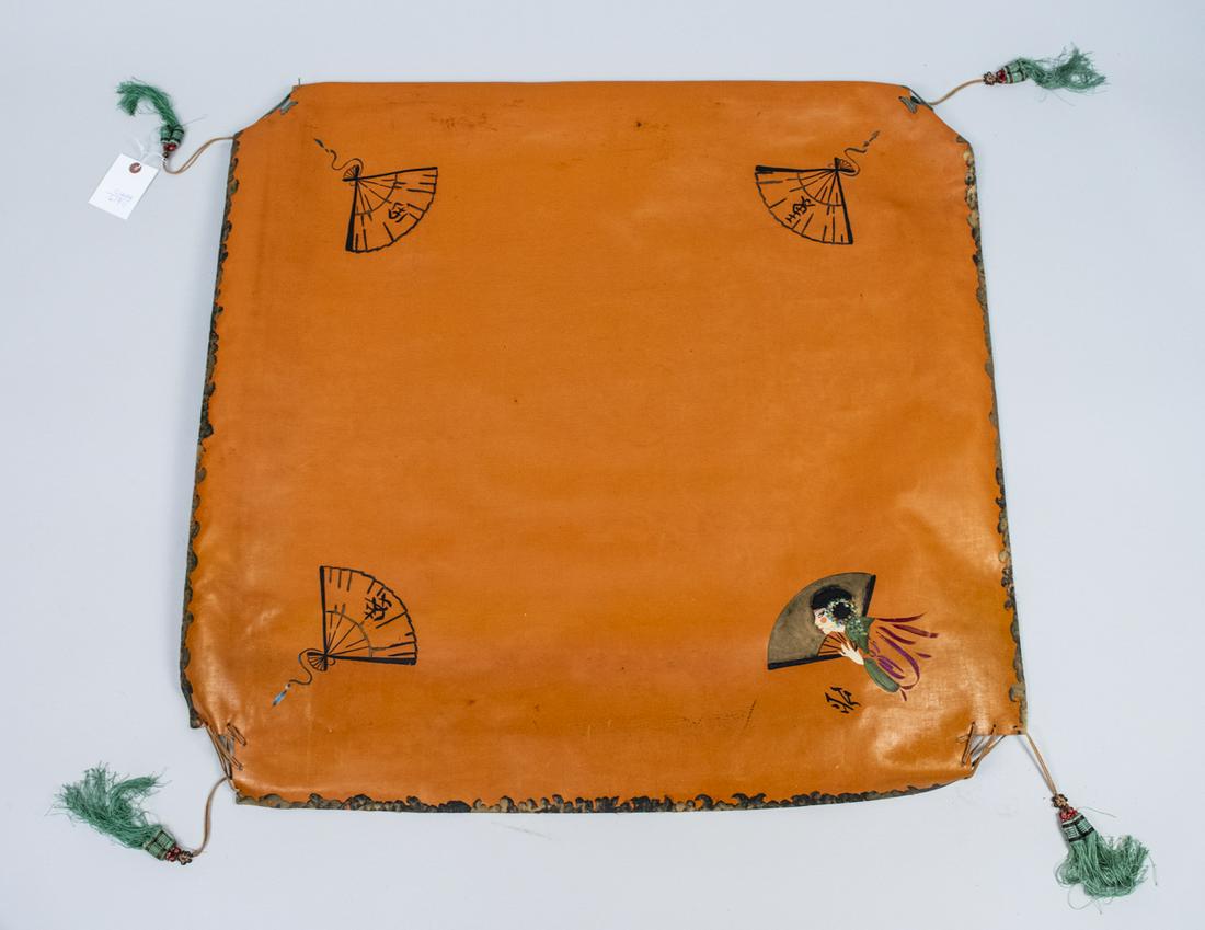 Painted Leather Table Cover: Approximately 36 inches square. Notice to bidders: Condition reports and additional photographs are provided by request as a courtesy to our clients, as such any condition report is only an opinion an