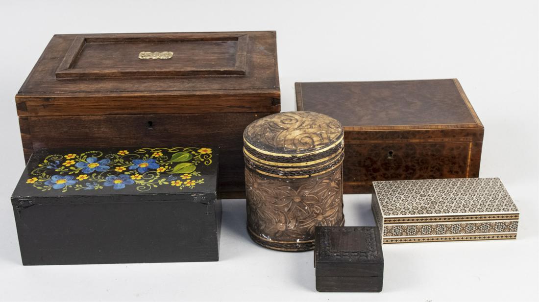 Group of Decorative Boxes: Including wood, lacquer and simulated intarsia. Various sizes. Notice to bidders: Condition reports and additional photographs are provided by request as a courtesy to our clients, as such any conditi