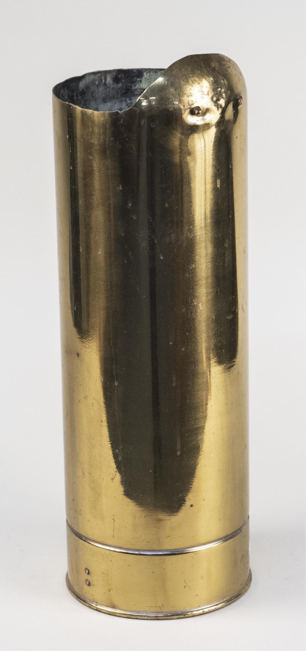 Brass Umbrella Stand: Fashioned from an antique brass fire extinguisher. Height 21 inches. Notice to bidders: Due to the nature of this particular online sale, the lots offered may not be available for detailed condition r