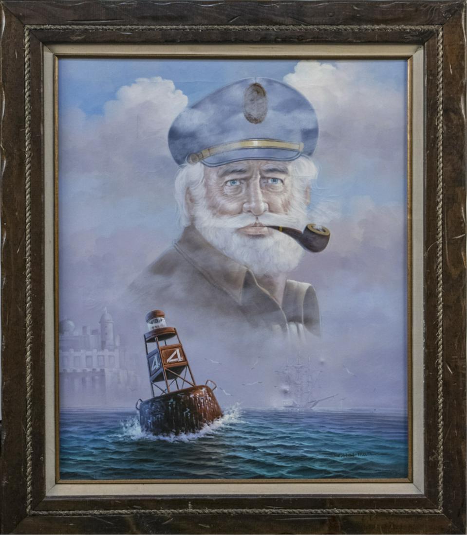 Yoo Choong Yeul (South Korean, b. 1960): Surreal portrait of a sailor smoking a pipe (possibly in memoriam of) with open sea and buoy in the foreground. Oil on canvas. Signed lower right Y. Hofman (pseudonym). Frame size, 24 x 20 inches. Not