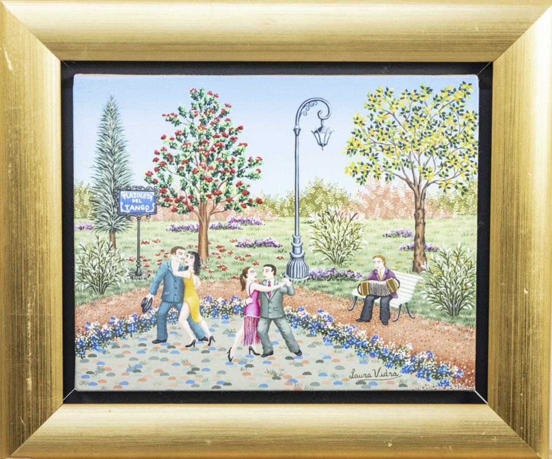 Laura Vidra (Argentinian, 21st Century): Plazoleta del Tango (Little square of Tango). Acrylic on canvas. Signed lower right, titled on verso, gallery labels on verso. Canvas size 9 x 11 1/2 inches, framed. Notice to bidders: Due to the natu