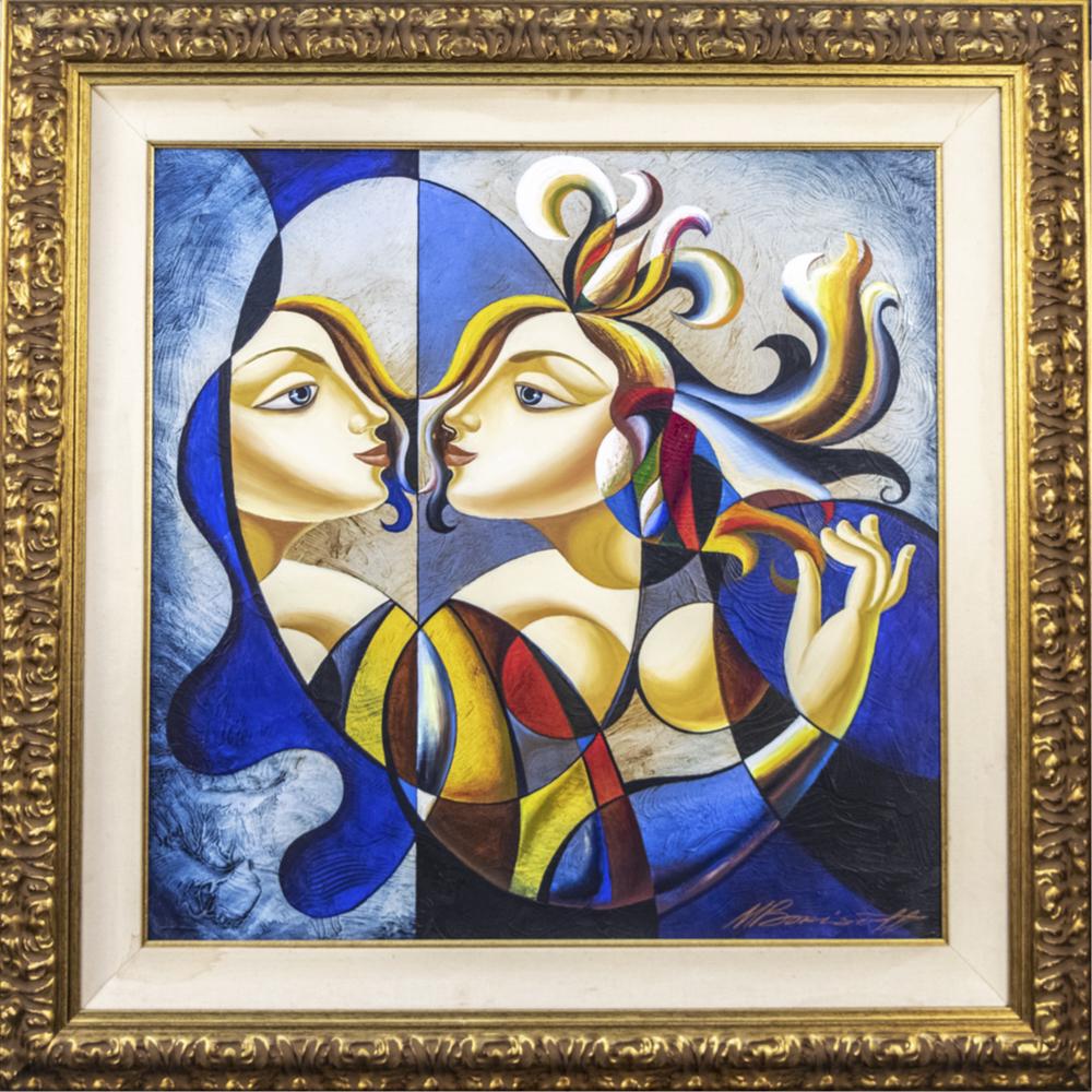 Misha Borisoff (Russian/American, b. 1950): Reflection Blue, abstract portrait of a woman looking in a mirror. Giclee with hand finished details on canvas. Signed lower right. Canvas size 30 x 30 inches, framed. Notice to bidders: Due to the na