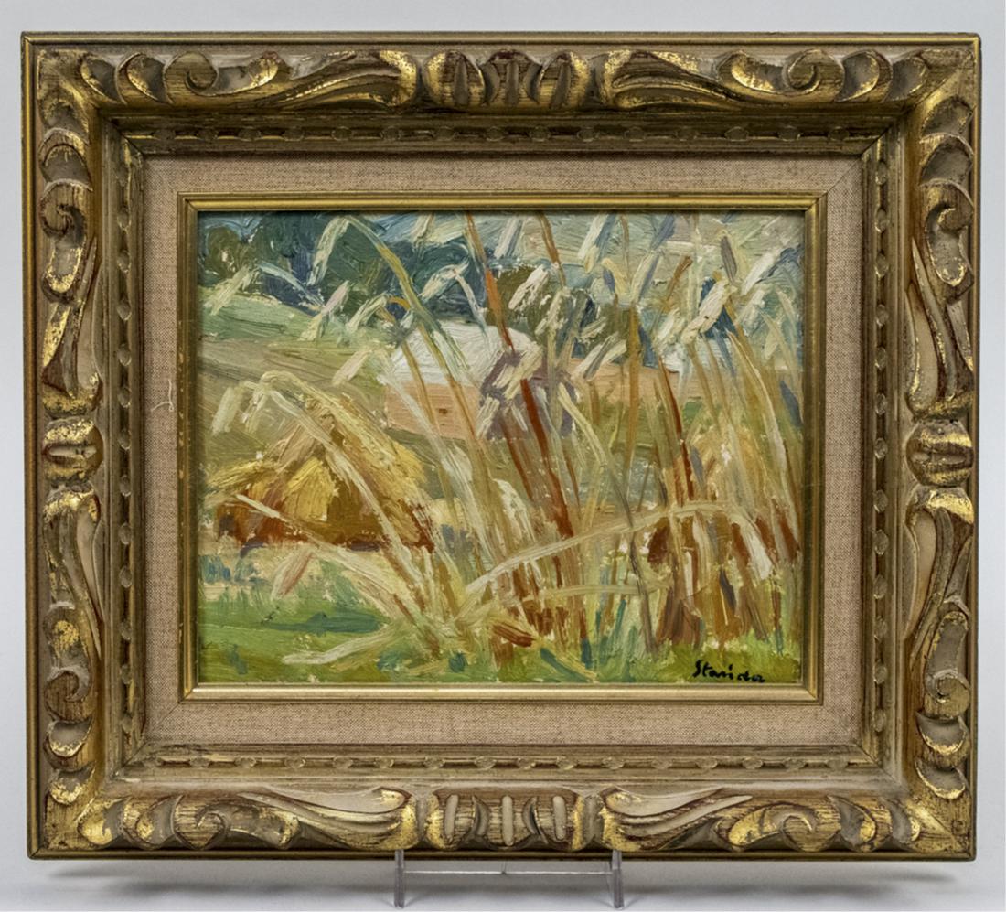 Jan Stanida (Polish, 20th Century): View of a farm through tall grass. Oil on board. Signed lower right. Board size 9 3/4 x 7 5/8 inches, framed. Notice to bidders: Due to the nature of this particular online sale, the lots offered may