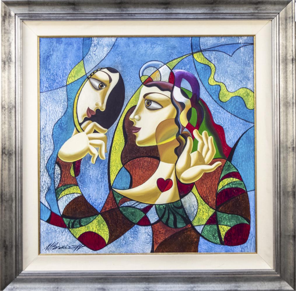 Misha Borisoff (Russian/American, b. 1950): Vanity Fair, abstract portrait of a woman with a heart shaped necklace looking in a hand mirror. Giclee with hand finished details on canvas. Signed lower left. Canvas size 30 x 30 inches, framed. Not