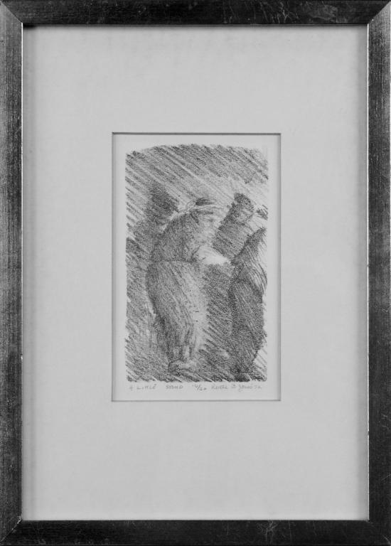 Ruthe B. Jones (20th Century): A little stomp. Lithograph, 1972. Signed in pencil (l.r.), titled in pencil (l.l.) and numbered 16/20 in pencil (l.c.). Image size 5 x 2 7/8 inches. Framed. Notice to bidders: Due to the nature of thi