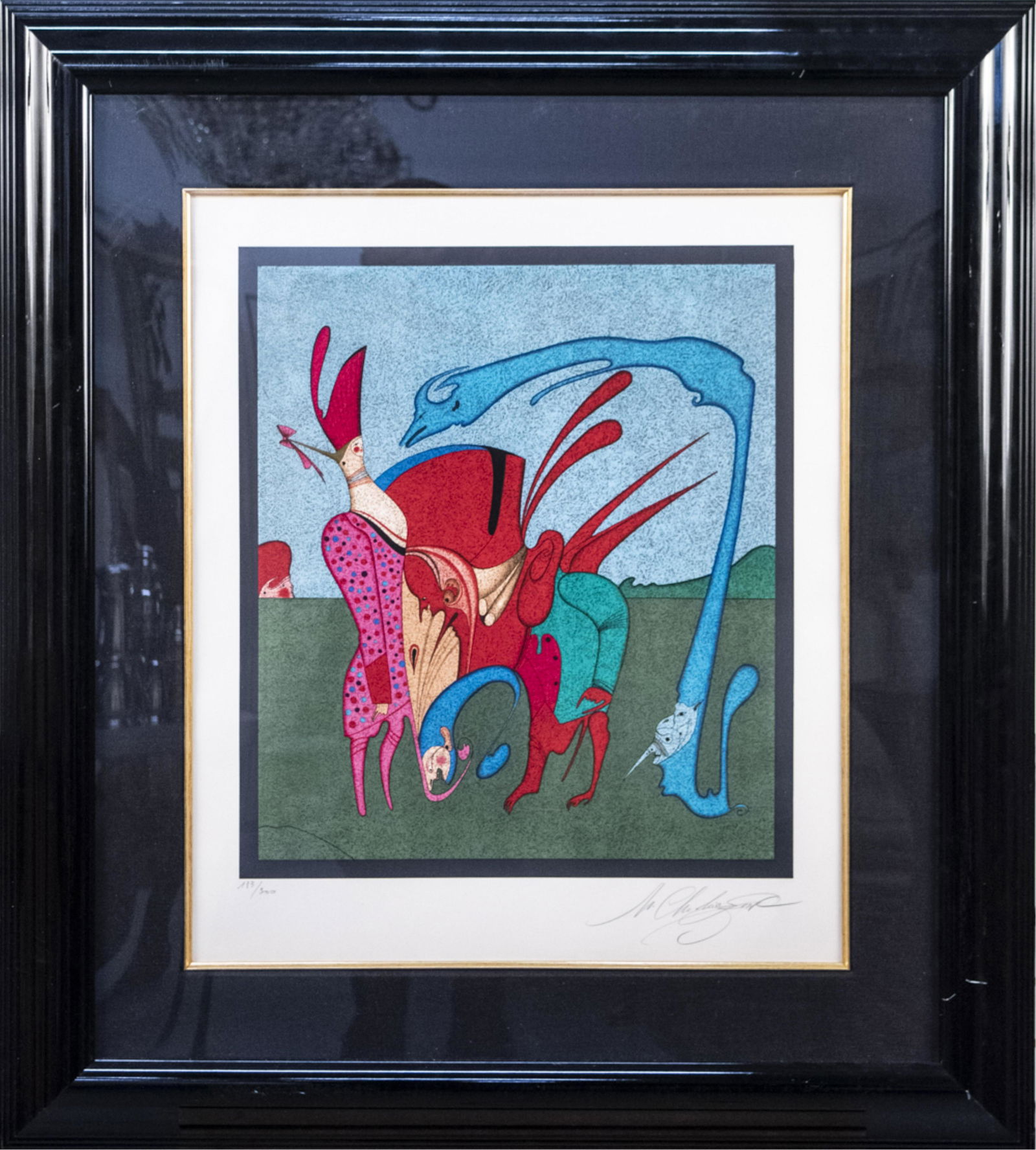 Mihail Chemiakin (Russian, b. 1943): Untitled 11 from the Carnival series. Lithograph. Signed lower right and editioned 183/300 in pencil lower left. Sight size 24 x 20 1/4 inches, matted and framed. Notice to bidders: Due to the nature