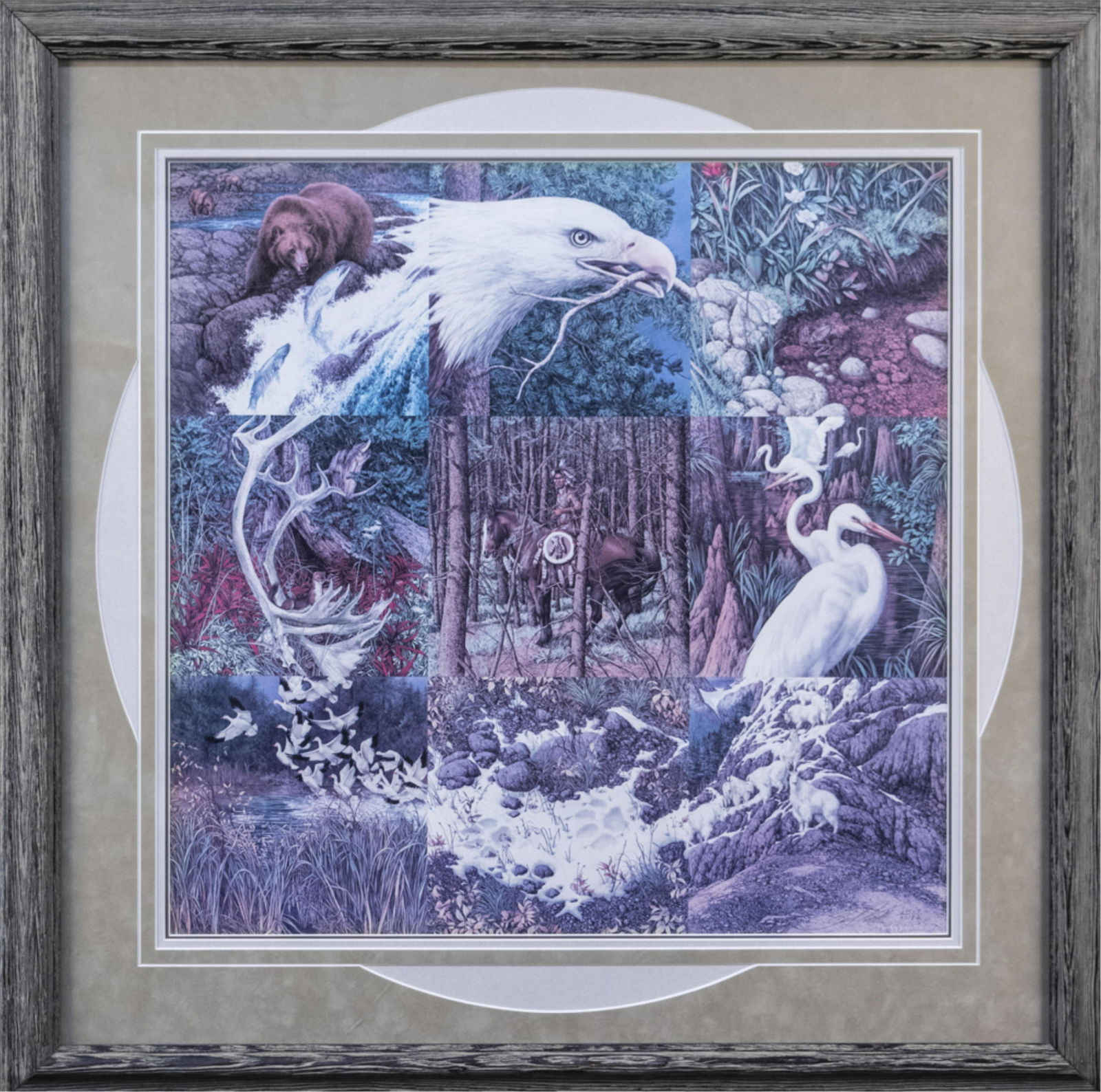 Bev Doolittle (American, b. 1947): The Sacred Circle. Lithograph. Signed in plate, and signed and editioned in pencil lower right, with original presentation envelope inserted on verso. Sight size 22 1/2 x 22 1/2 inches, matted and fra