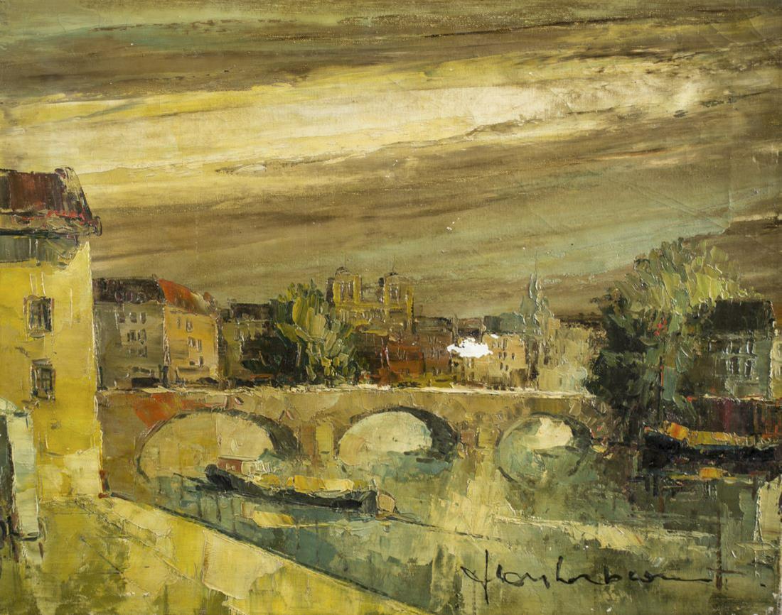 Continental School (19th Century): Canal Scene. Oil on canvas. Signed illegibly (LR). Canvas size 16 x 20 inches. Unframed. Notice to bidders: Condition reports and additional photographs are provided by request as a courtesy to our cl