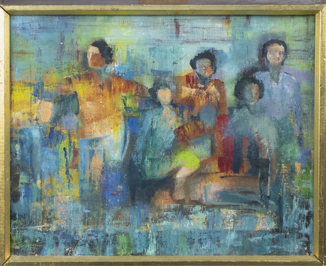 Joel Janowitz (Am b.1945) Six Abstract Figures: Oil on canvas, signed Janowitz and dated 69, lr. 13 x 16 inches. Notice to bidders: Condition reports and additional photographs are provided by request as a courtesy to our clients, as such any condi