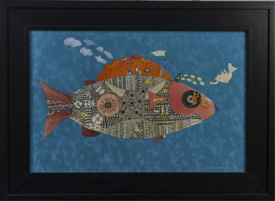 Benson Seto (Hawaii/American, 1936-2006): USS Discovery. Ink and watercolor on paper collage. Artist stamp on verso, titled lower right. Sight size, 19 1/4 x 29 1/4 inches, framed. Notice to bidders: Condition reports and additional photograp