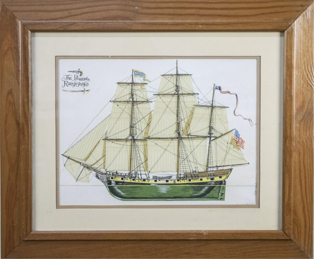 Print of Sailing Ship (20th Century): The Privateer Rattlesnake. Sight size 11 x 15 inches, matted and framed. Notice to bidders: Condition reports and additional photographs are provided by request as a courtesy to our clients, as such a