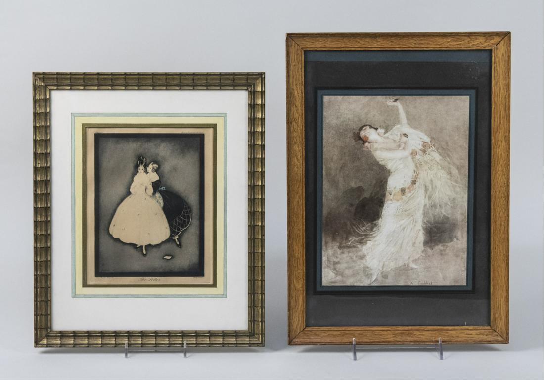 Two Decorative Prints: One, The Letter" and the other a dancer, signed A Colbert. Larger, sight size, 11 x 8 inches. Notice to bidders: Condition reports and additional photographs are provided by request as a courtesy to o