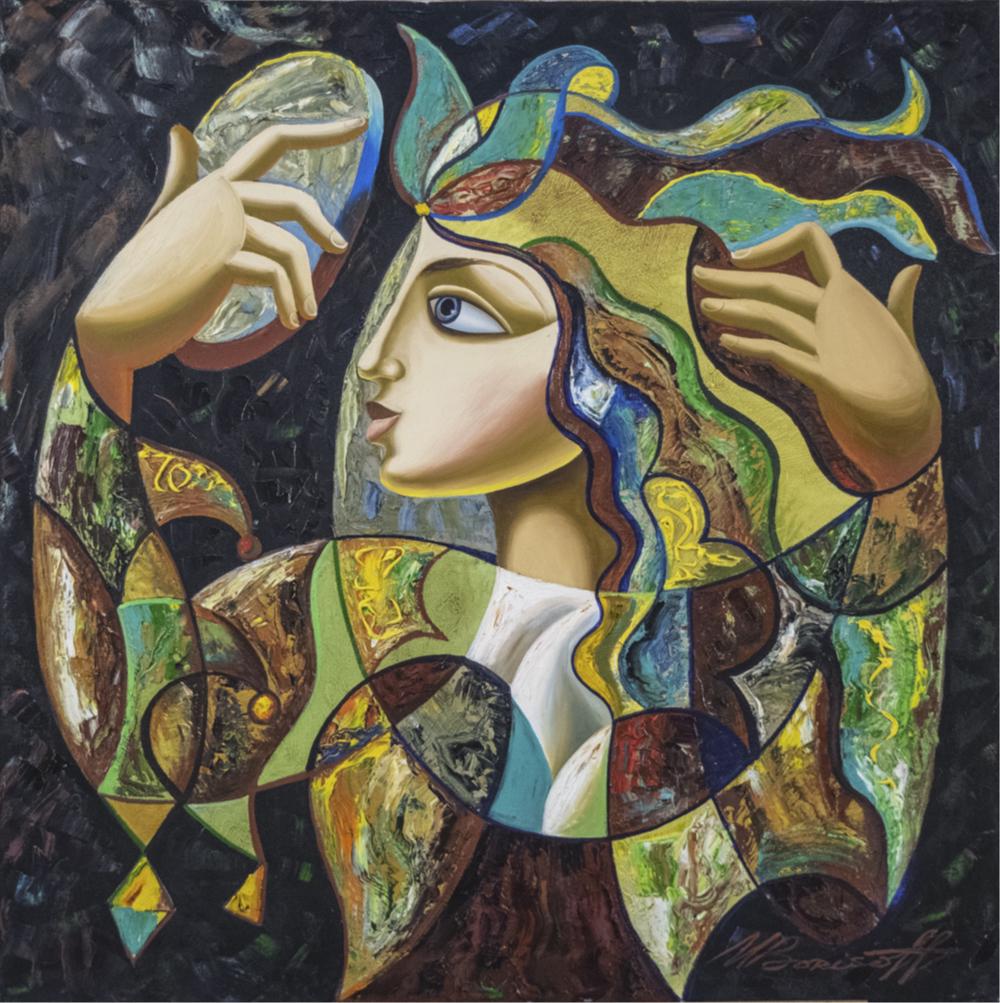 Misha Borisoff (Russian/American, b. 1950): Abstract portrait of a woman looking at herself in a hand mirror. Giclee with hand finished details on canvas. Signed lower right. Canvas size 30 x 30 inches, unframed. Notice to bidders: Condition re