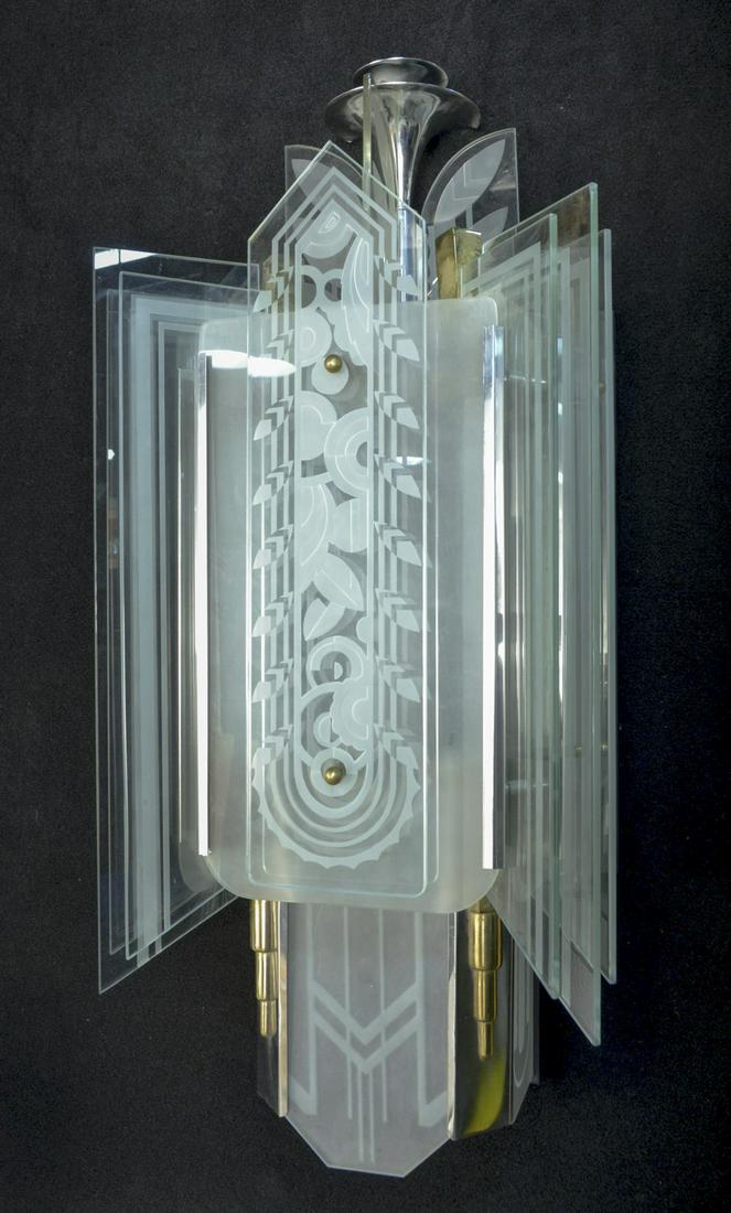 Art Deco Glass Sconces: Various etched glass panels; together with parts for a second sconce. Height 35 inches, width 14 inches, depth 9 inches. Notice to bidders: Condition reports and additional photographs are provided by