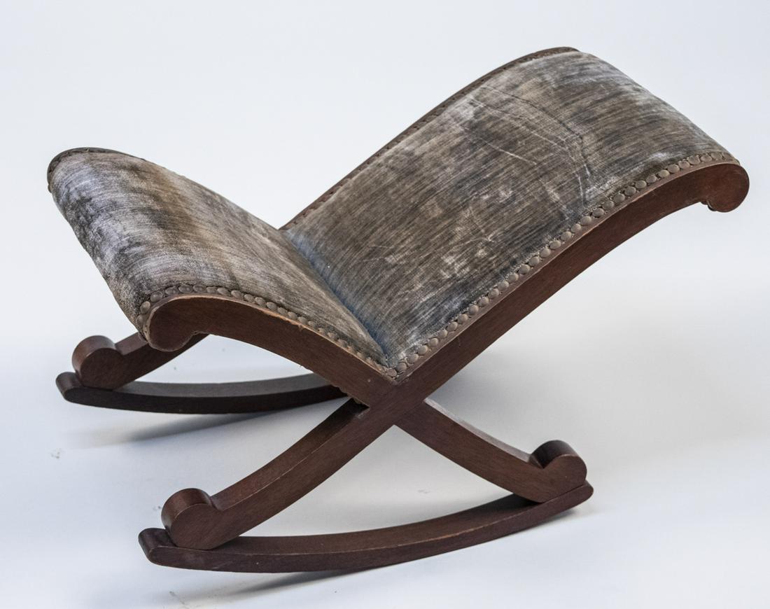 William IV Style Gout Stool: Rocker base, velvet upholstery, nailhead decoration. Height 15 inches, width 13 inches, depth 23 inches. Notice to bidders: Condition reports and additional photographs are provided by request as a co