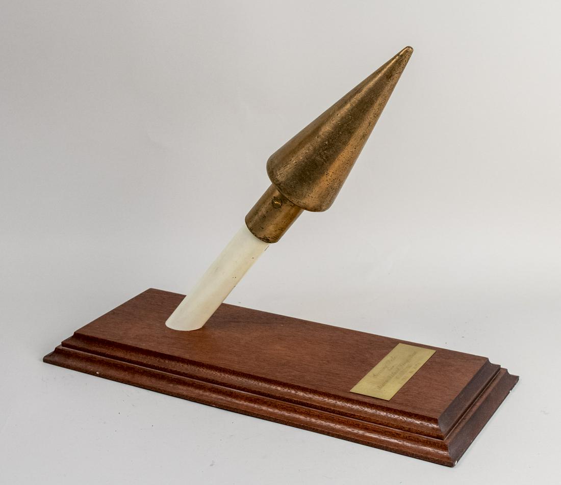 Staten Island Ferry Steering Pole: Circa 1951, from the ferry boat Verrazano No. 261719, mounted on a stepped base with plaque. Overall height 17 1/2 inches. Notice to bidders: Due to the nature of this particular online sale, the lots