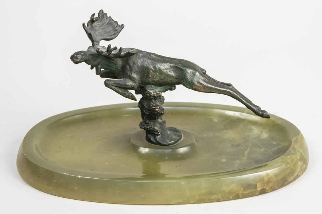 French Art Nouveau Vide Poche: Bronze moose on an onyx oval tray. Height 6 inches. Notice to bidders: Due to the nature of this particular online sale, the lots offered may not be available for detailed condition reports or additio