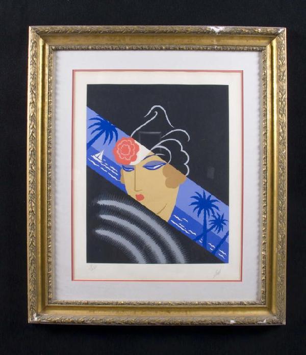 Romain de Tirtoff Erte (Rus./ Fr. 1892 – 1990): Lithograph, woman with red flower in hat, 3/260, signed l.r. 24 3/4 x 19 3/4 inches.