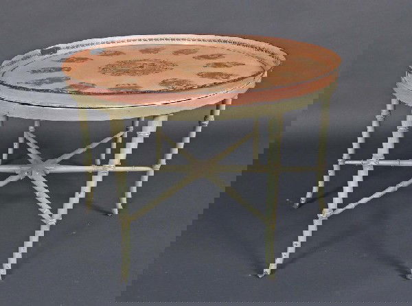 Tole Tray Top Table: 19th century, circular top decorated with grisaille paintings of the four seasons, on a later green painted faux bamboo base. Height 20 inches, diameter 29 inches.