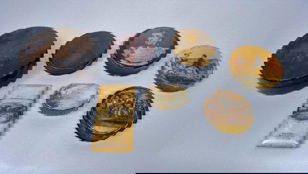 Six Papier Mache Boxes and a Case *: Comprising five circular boxes, an oval box and a carved wood case.