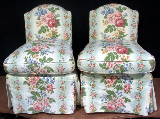 Pair of Slipper Chairs Lime green upholstery with : Pair of Slipper Chairs Lime green upholstery with polychrome floral pattern. Height 30 inches, width 21 inches, depth 25 inches.
