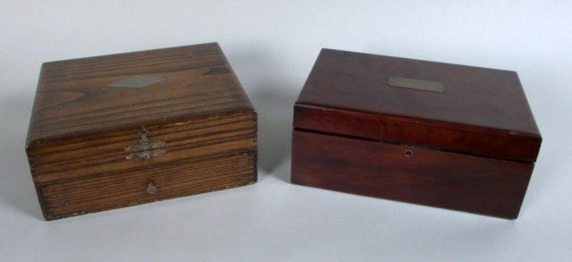 Two Decorative Boxes Comprising a mahogany humidor: Two Decorative Boxes Comprising a mahogany humidor and an oak flatware chest. Humidor height 4 3/4 inches, width 11 1/2 inches, depth 7 1/2 inches.
