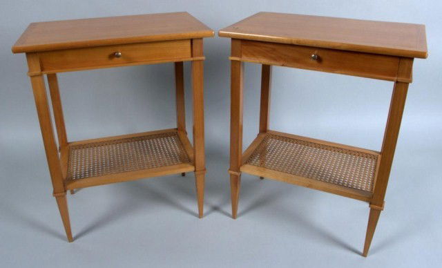 Andre Arbus Pair of Sycamore End Tables * Circa: Andre Arbus Pair of Sycamore End Tables * Circa 1950, each with rectangular overhanging top above a single drawer, on square legs joined by a lower caned shelf. Height 24 inches, width 19 1/4 inches,