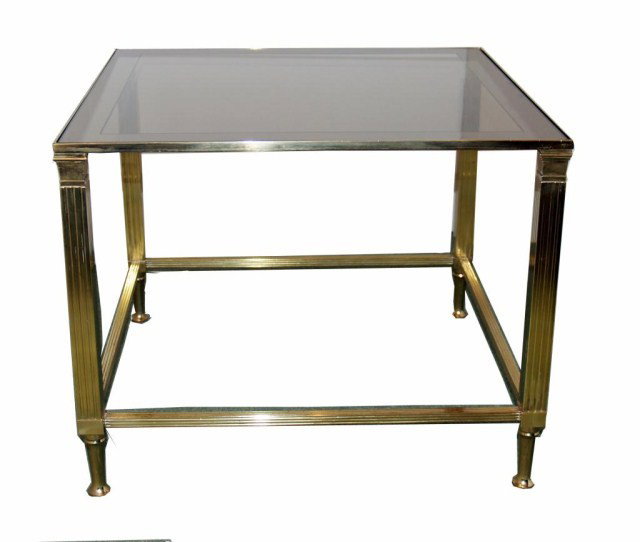 Pair of French Glass Top End Tables * Circa 1950: Pair of French Glass Top End Tables * Circa 1950, rectangular top inset with smoky glass top, on architectural square legs joined by a box stretcher, and on toupie feet. Height 15 3/4 inches, 19 3/4 i