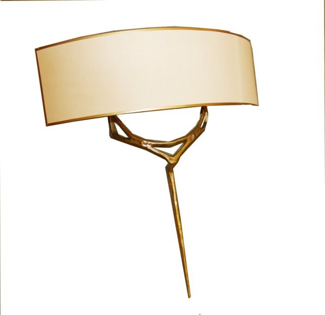 Felix Agostini Hammered Bronze Sconce * Circa 19: Felix Agostini Hammered Bronze Sconce * Circa 1950, gilt bronze abstract design single light sconce. Height 26 1/4 inches.