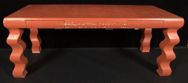 Mid Century Style Orange Desk In the style of Karl: Mid Century Style Orange Desk In the style of Karl Springer, rectangular linen textured top over two short drawers, on square ribbon legs. Height 29 inches, width 6 feet 3 inches, depth 30 inches.