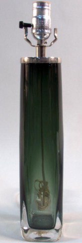 Orrefors Lamp Circa 1950, internallly decorated gr: Orrefors Lamp Circa 1950, internallly decorated green glass columnar lamp. Height 17 inches.