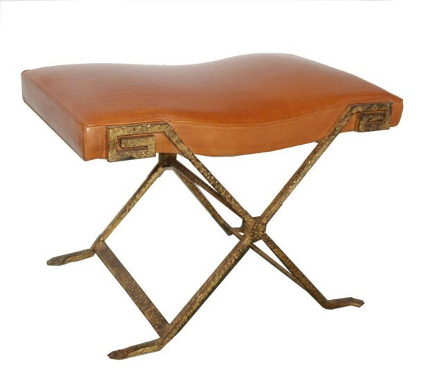 Pair of Bronze Stools * Leather upholstered rect: Pair of Bronze Stools * Leather upholstered rectangular seats on hammered bronze X-form bases. Height 18 inches, width 26 inches, depth 17 1/2 inches.