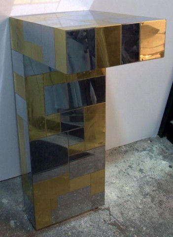 Paul Evans Brass and Chrome Console * Circa 1970: Paul Evans Brass and Chrome Console * Circa 1970, Cityscape, rectangular top supported on one side. Height 30 1/4 inches, width 12 inches, depth 15 1/4 inches.