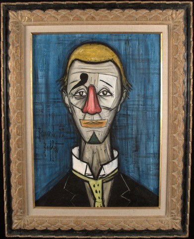 Manner of Bernard Buffet (Fr. 1928-1999) Clown 55: Oil on canvas, signed c.l. 28 1/2 x 21 inches.