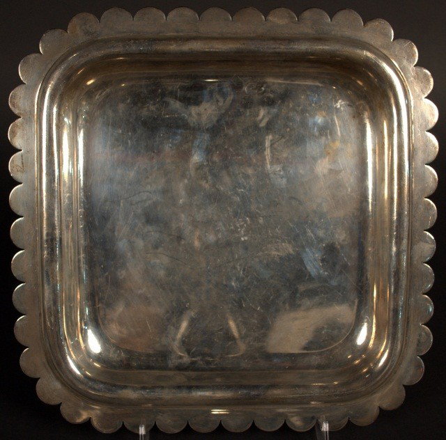 Mexican Silver Tray: Square with scalloped rim, marked Jean Puiforcat, sterling. Approximately 30 ounces.