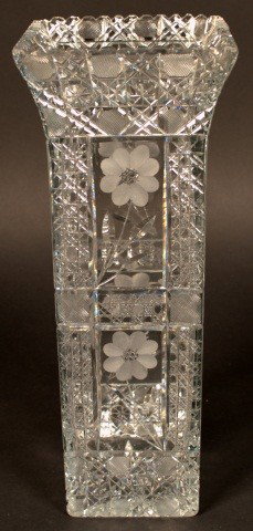 Crystal Vase: Square vase with slightly flared rim, floral cut with geometric ground. Height 14 1/2 inches.