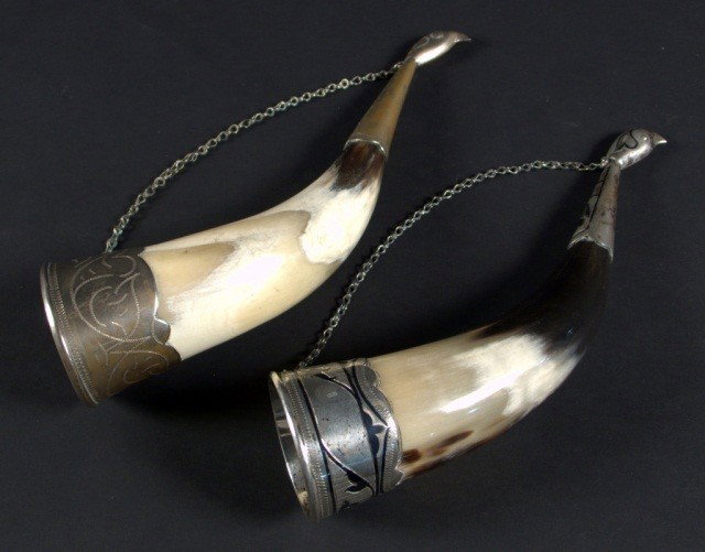 Two Russian Horn Shofars: One silver mounted with niello decoration, marked 875 and star within a cartouche and the other silver plate mounted.