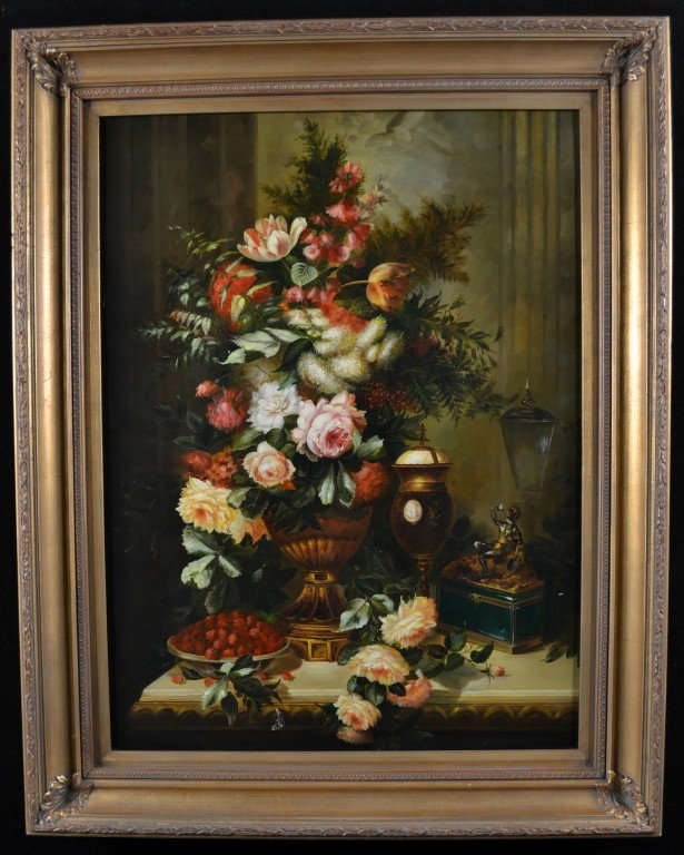 Continental School Still Life of Fruit: Polychromed oil on canvas of flowers and fruit, now framed in a neoclassical syle gilt wood frame. 41 x 29 1/2 inches.