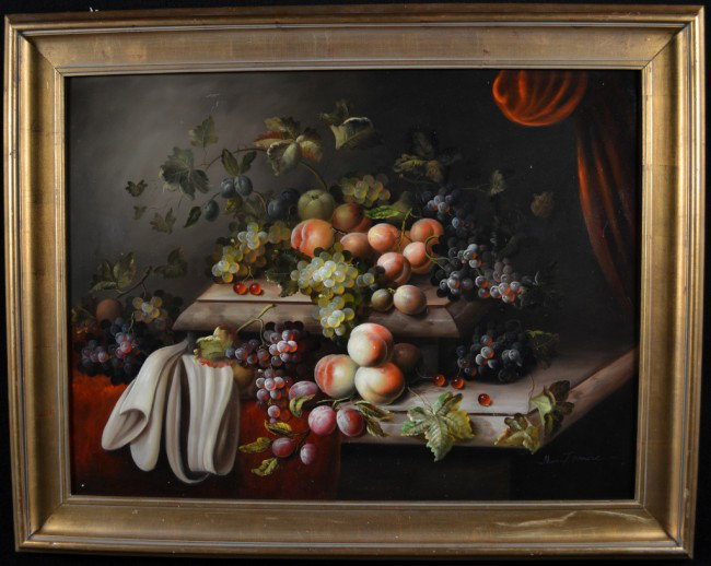 Continental School Still Life of Fruit: Oil on canvas, signed l.r. M Francis, now framed in a molded giltwood frame. 29 1/2 x 40 inches.