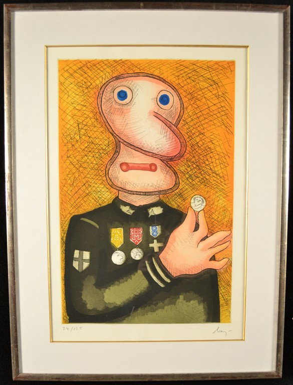 Enrico Baj (It 1924-2003) Man with Medal: Lithograph, 24/125, signed in pencil l.r. 23 x 15 inches.
