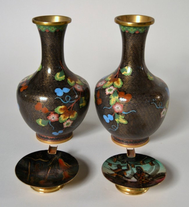 Pair of Cloisonne Vases: Waisted neck above an ovoid body; together with a pair of Chilean polychrome painted metal trays. Vases, height 9 inches.