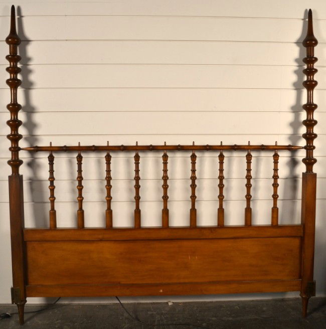 Fruitwood Spindle Headboard: Height 6 feet 9 inches, width 6 feet 6 inches.