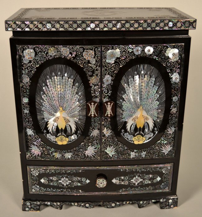 Lacquered Table Cabinet: Black lacquered cabinet with abalone and mother of pearl decoration of peacocks on a pair of doors above a lower drawer. Height 15 1/2 inches, width 12 3/4 inches, depth 7 inches.
