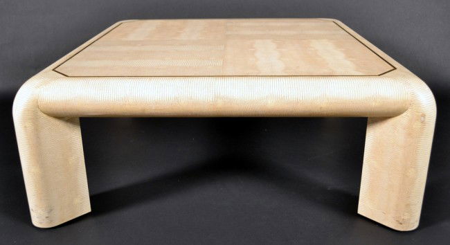 Karl Springer Coffee Table: White reptile skin clad square coffee table. Height 17 inches, 42 inches square.