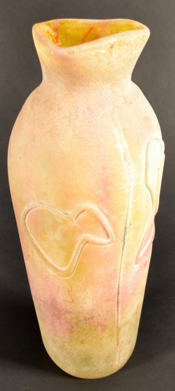 Gino Cenedese Scavo Vase: Triangular neck above an ovoid body with abstract frosted glass decoration. Height 13 inches.