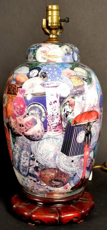 Decoupage Lamp: In the form of a ginger jar, with Asian motif decoupage decoration, on a carved wood base. Height 20 inches.