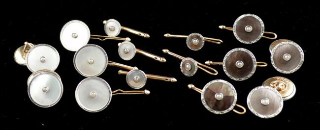 Two Gentleman's Dress Sets: One Krementz a eight piece abalone shell set; and the other, 12K gold filled a seven piece mother of pearl set.