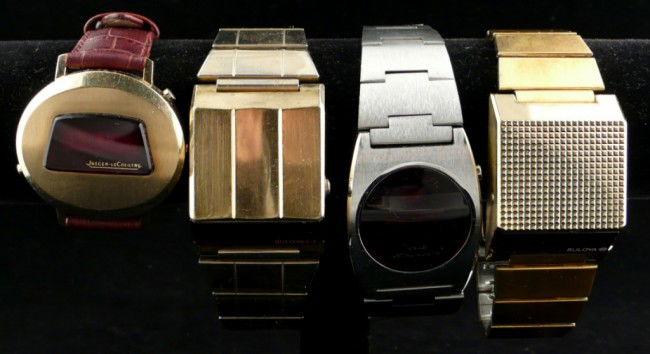Four Pulsar Wristwatches: Including a Jaeger Le Coultre, two Bulova watches and a Texas Instruments watch.