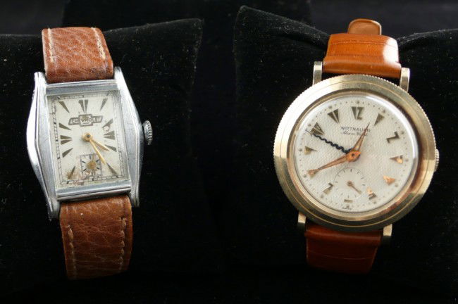 Wittnauer and Vintage Chevrolet Wristwatches: Whittnauer alarm watch with alligator band and a vintage 1935 Chevrolet watch with leather band.